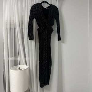 Black Long Sleeve V-Neck Evening Dress with Metallic Grid Detail